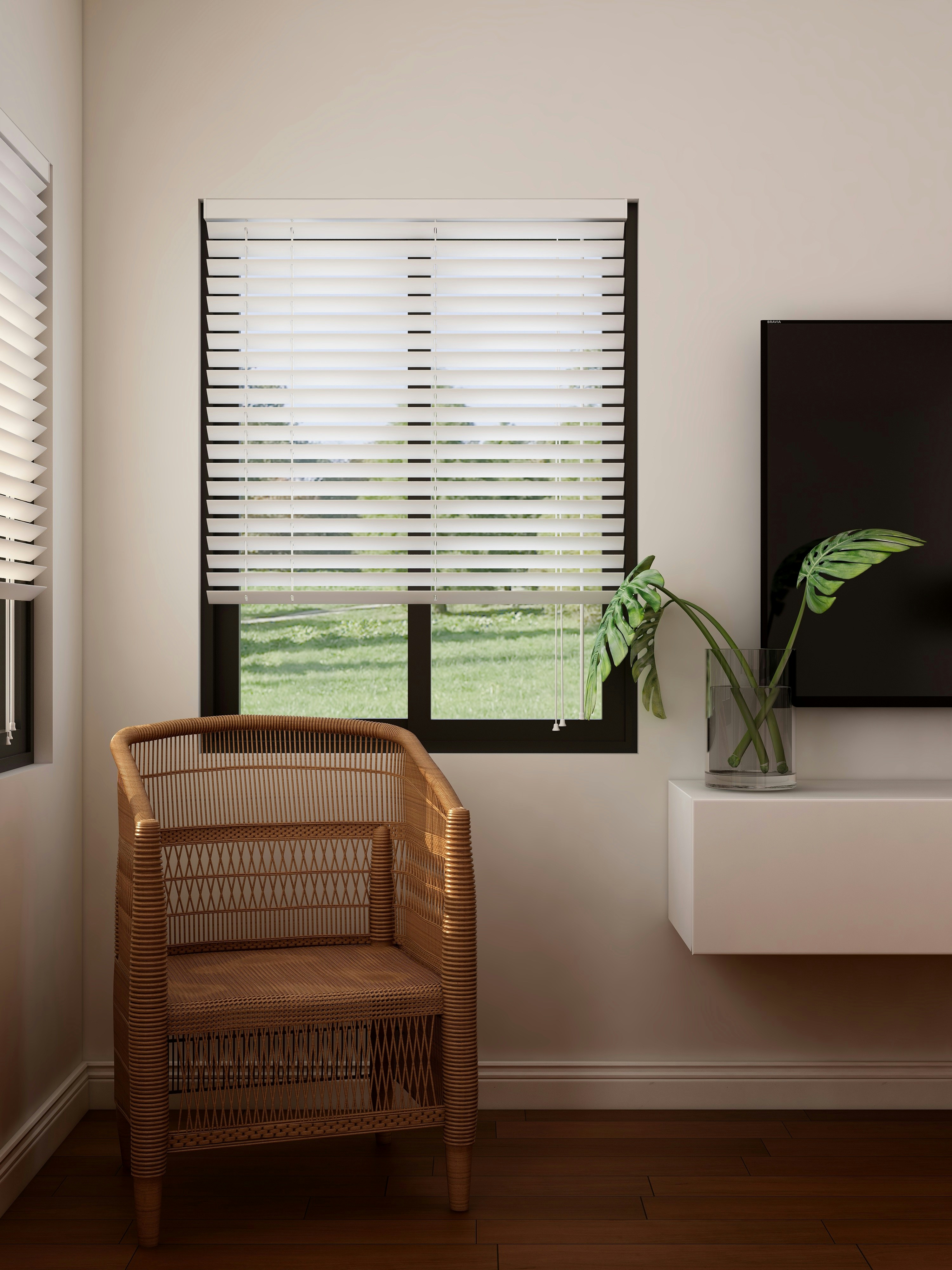Living room with custom blinds